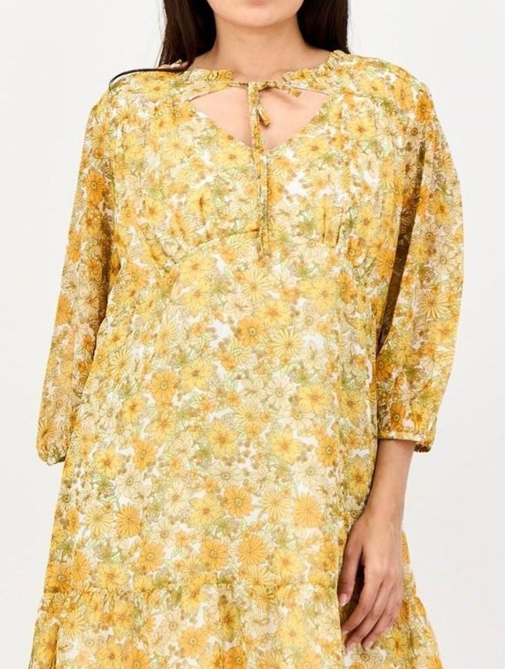 Marissa Olivia Floral Mini Dress - Size S - Yellow Retro 70s Print - Keyhole Tie